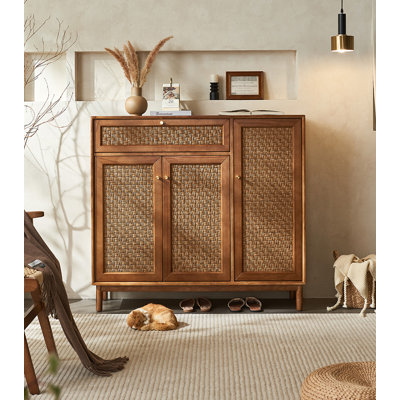 Solid Wood Rope-Woven Storage Shoe Cabinet