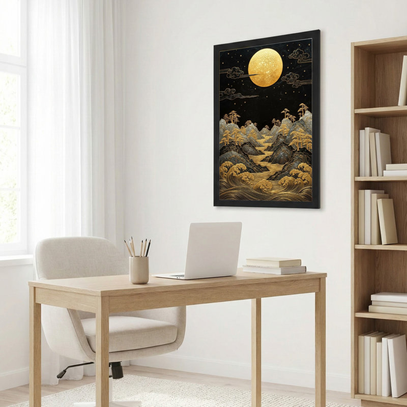 Tableau sur toile de style chinois « Paysage de lune dorée » (lot de 1), H 18 po x l 12 po