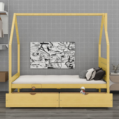 House Shape Kids Bed,Bed Frame with Headboard and 2  Storage Drawers