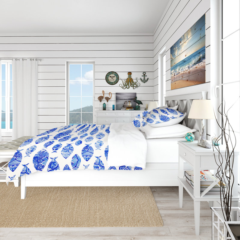 Twin Blue and White Microfiber Nautical Duvet Cover Set