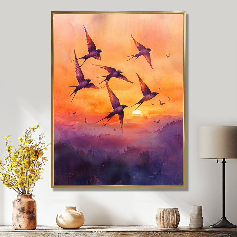 Reproduction d'art sur toile, "Swallows Birds At Sunset VII", H 20 po x l 12 po, Reproduction avec cadre flottant, Doré