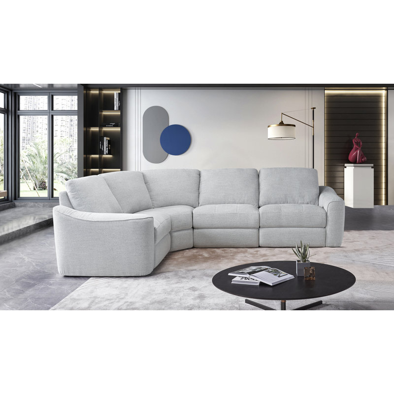 Upholstered Power Motion Modular 4-Piece 3-Recliner L-Sectional, Silver Gray Polyester