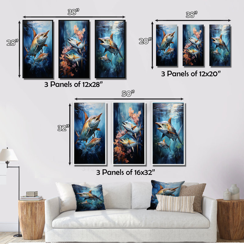 " Fishing Majestic Marlins Jumping " 3 - Pieces, Wrapped Canvas, 20" H x 36" W