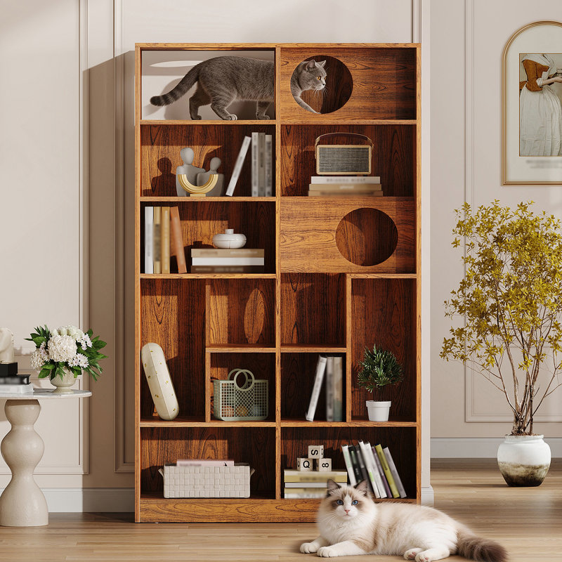 Bibliothèque pour chat moderne 2 en 1, étagère à chat avec rangement, litière pour chat et tablette d'escalade - Brun