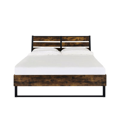 E. King Bed In Rustic Oak - Black Accents Panel Construction Metal Slats Support Synthetic Wood Frame No Box Spring Requirement & Stylish Industrial Design Strong