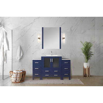 54 In. W X 18.25 D Navy Blue Single Bath Vanity With Side Cabinets, White Ceramic Top, Faucet And 28 Mirror - Stain Surface, Hole , Scratch Stainless Steel