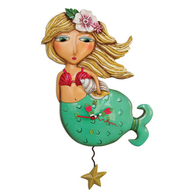Allen Designs Shelley Mermaid with Starfish Battery Operated Sculpted Pendulum Wall Clock 17.25 Inch