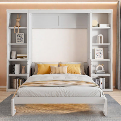 White Solid Pine Murphy Bed with Foldable Desk and Bookshelf Storage, Space-Saving Wall Bed Cabinet with Wood Slat Support for Home Office or Guest Room