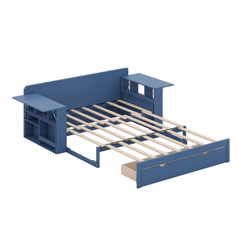 Daybed With Removable Desk, Storage Drawers & Hydraulic Side Table, Full, Blue