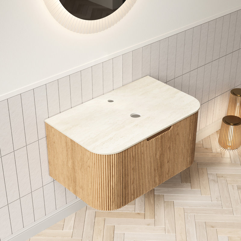 Rangement mural de salle de bain 30 po avec tiroir simple, plateau en pierre frittée romaine, aspect naturel, fabrication en contreplaqué, décor moderne, unité de couleur beige
