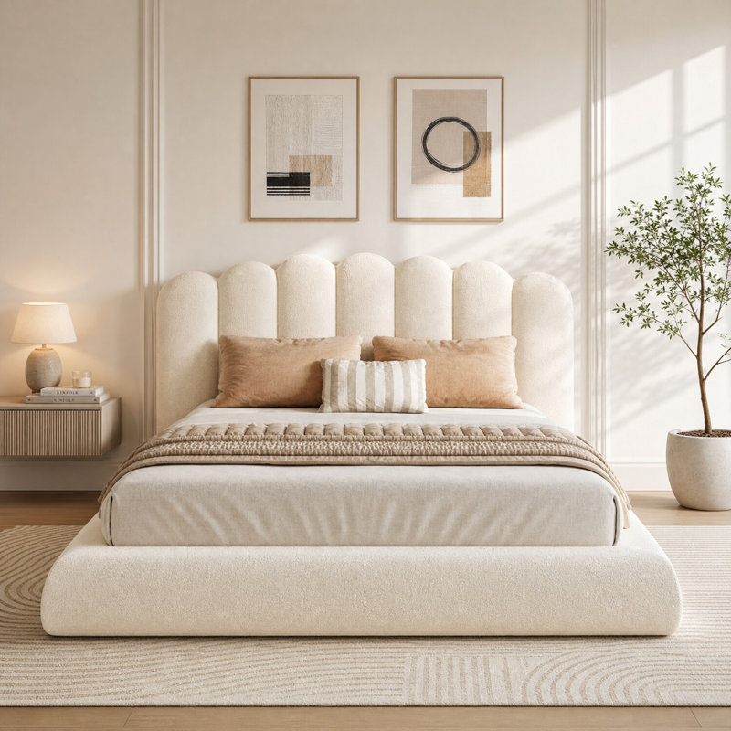 Velvet Upholstered Platform Bed With Scalloped Wavy Headboard, No Box Spring Required, Queen, Beige