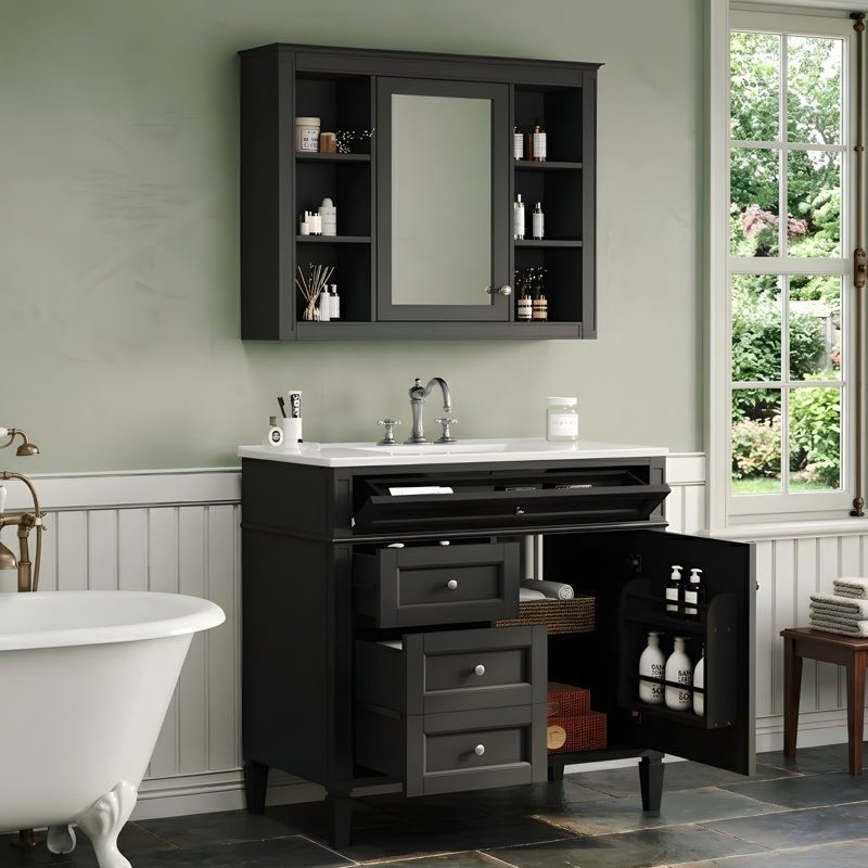 Meuble-lavabo 36 po avec lavabo en céramique et armoire à pharmacie, Noir
