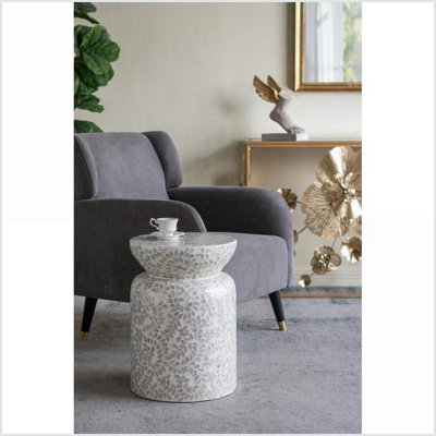 Round Bamboo Accent Table with White Capiz Shell Design | White | MDF