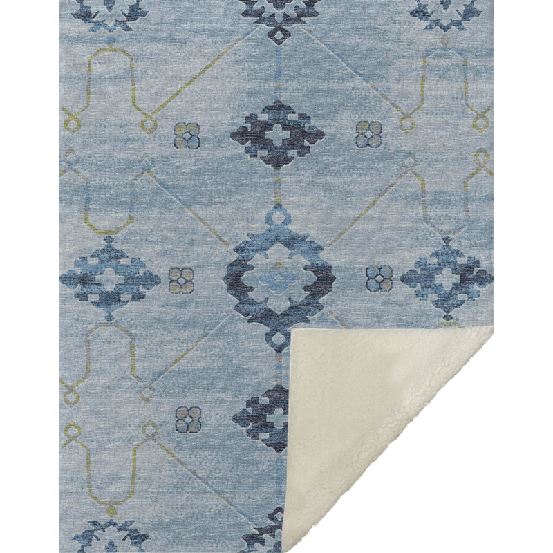 Addison Machine Washable Sherpa Open Field Ornate Throw Blanket, Blue