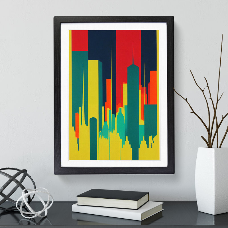 Illuminated City Skyline Abstract - Wall Art, Black Framed, 64cm H x 46cm W x 2cm D