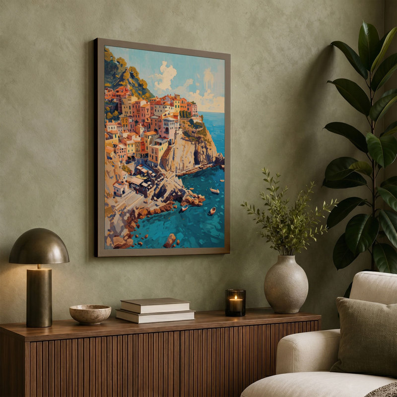 Clifftop Mediterranean Village Coastal - Wrapped Canvas, 18x12 - 45.7 x 30.5 cm, Cream Border