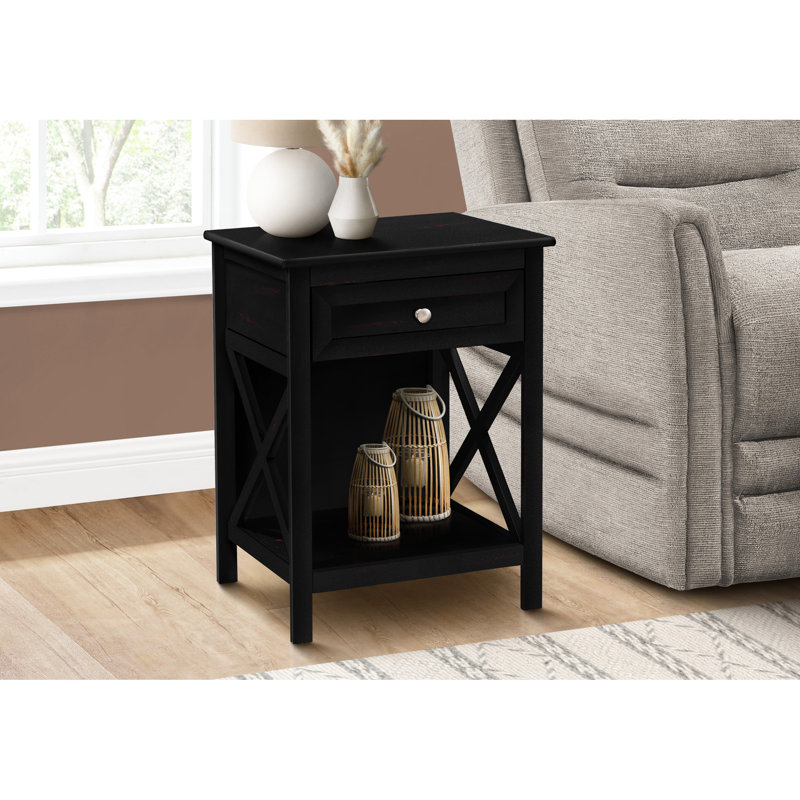 Table d'appoint en placage noir 2 avec rangement et tablette inférieure, transitionnelle pour les espaces de vie de chambre à coucher