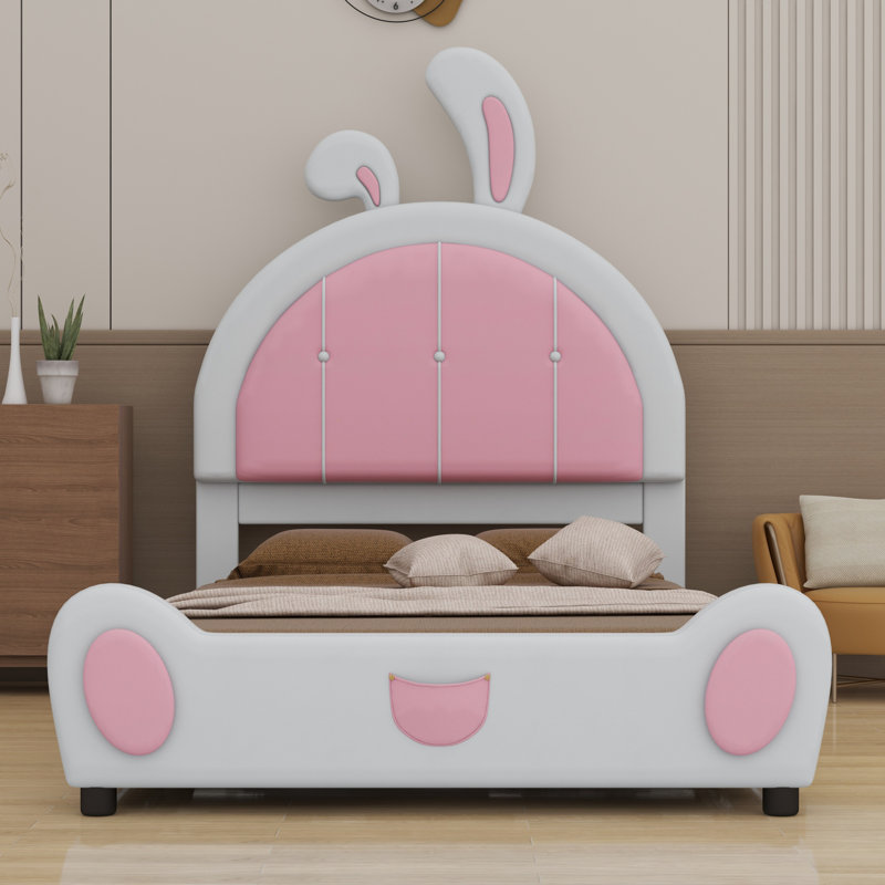 Lit plateforme tapissier avec tête de lit en forme de lapin, Blanc
