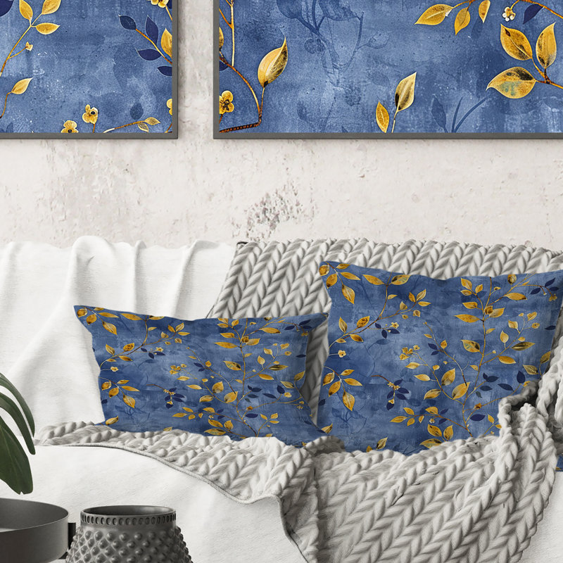 Blue And Gold Rustic Elegance Leaves - Farmhouse Pillow, 16"H x 16"W, Square