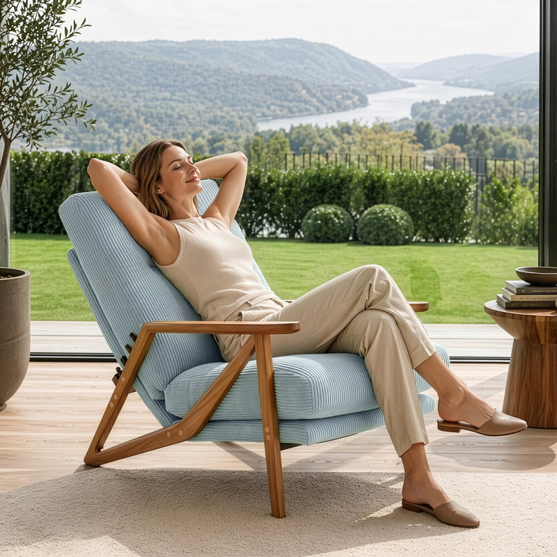 Chenille Upholstered Accent Chair With 5-Position Adjustable Backrest, Rubber Wood Arms, Indoor Leisure Chair, Blue Corduroy