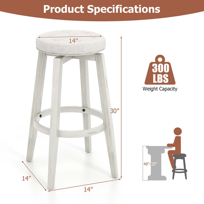 Nickolette Swivel Upholstered Counter Stool with Solid Wood Frame, Beige, Bar Stool (30” Seat Height)