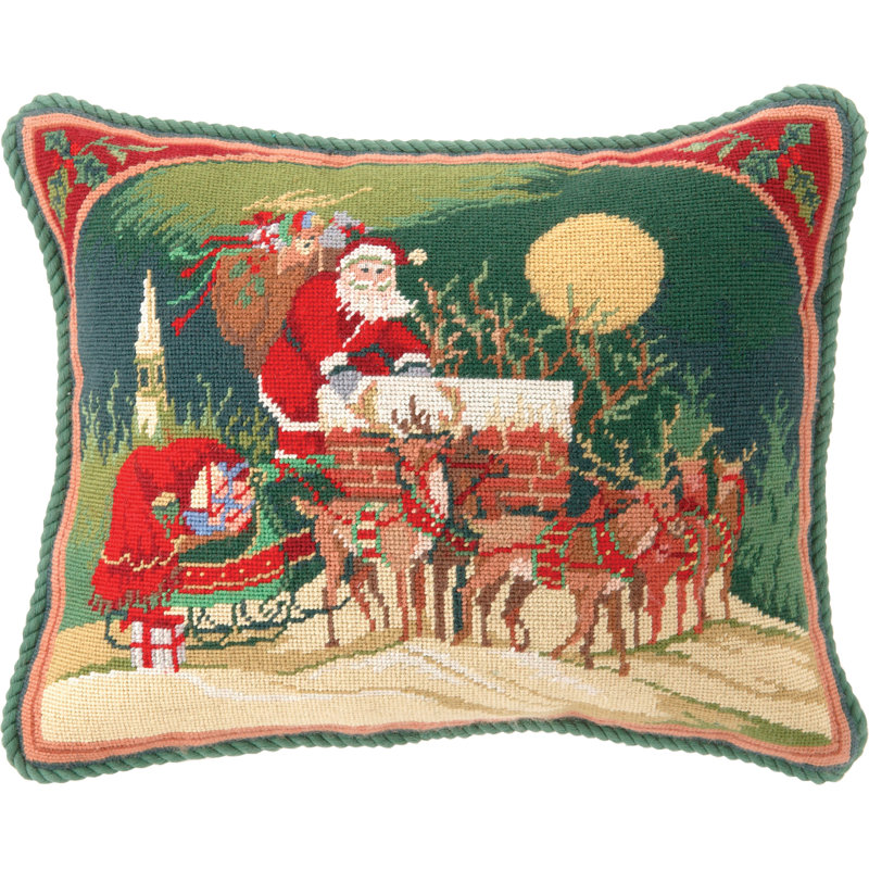 Santa & Reindeer Needlepoint Holiday Pillow - 16x20"