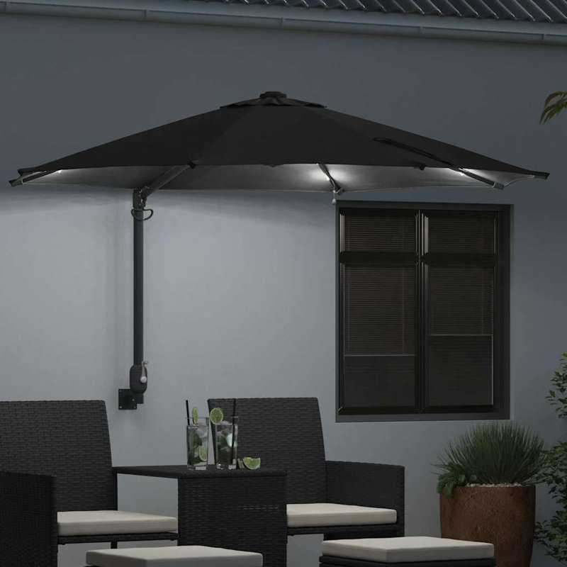 Garden Parasol with LED Strip Lights Manual Polyester and Steel Solar, 148cm H x 248cm W x 248cm D, Black