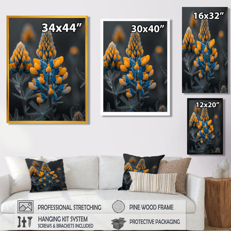 «Yellow Bonnets» - Peaceful Summer Meadows - Blue Bonnets, art mural, Cadre flottant doré, H 16 po x l 32 po x P 1 po