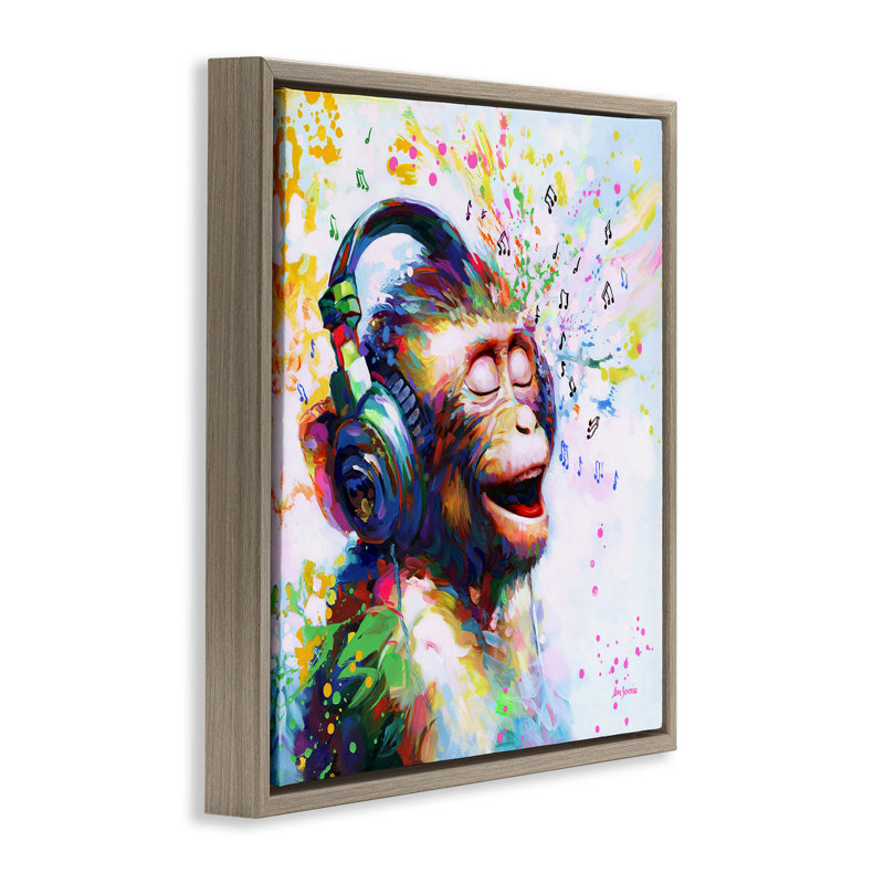 Blissful Beats Monkey Gold Framed Floater Canvas Wall Art by Leon Devenice, Montalcino Elm Floater Frame, 18" H x 18" W