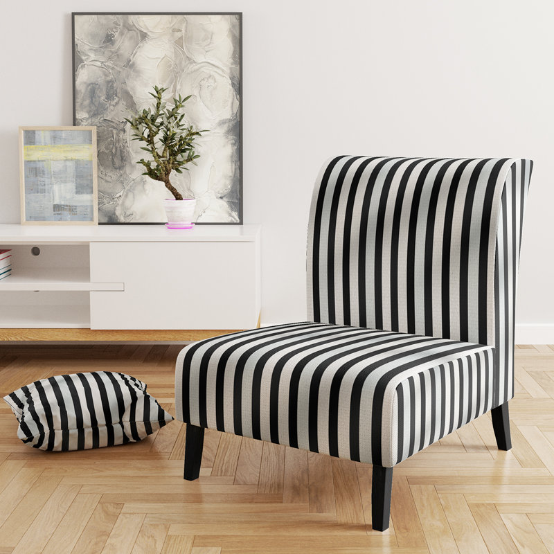 Black And White Striped Lines Harmony - Velvet Upholstered Modern Slipper Chair, Black Accent Chair