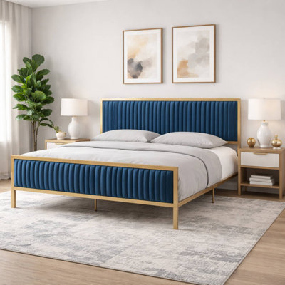 Kinzie Tufted Velvet Upholstered Low Profile Standard Bed with Headboard & Footboard and Gold-Finished Metal Frame