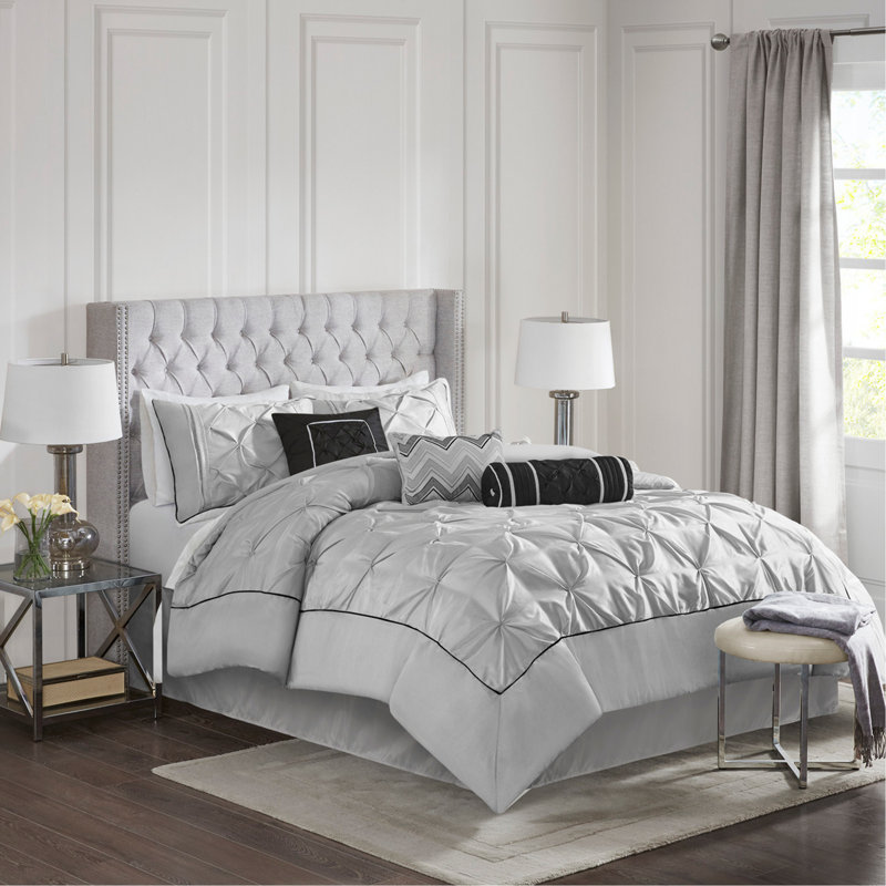 Ensemble d'édredon touffeté 7 pièces grand gris, Gris, Édredon grand + 6 pièces supplémentaires 