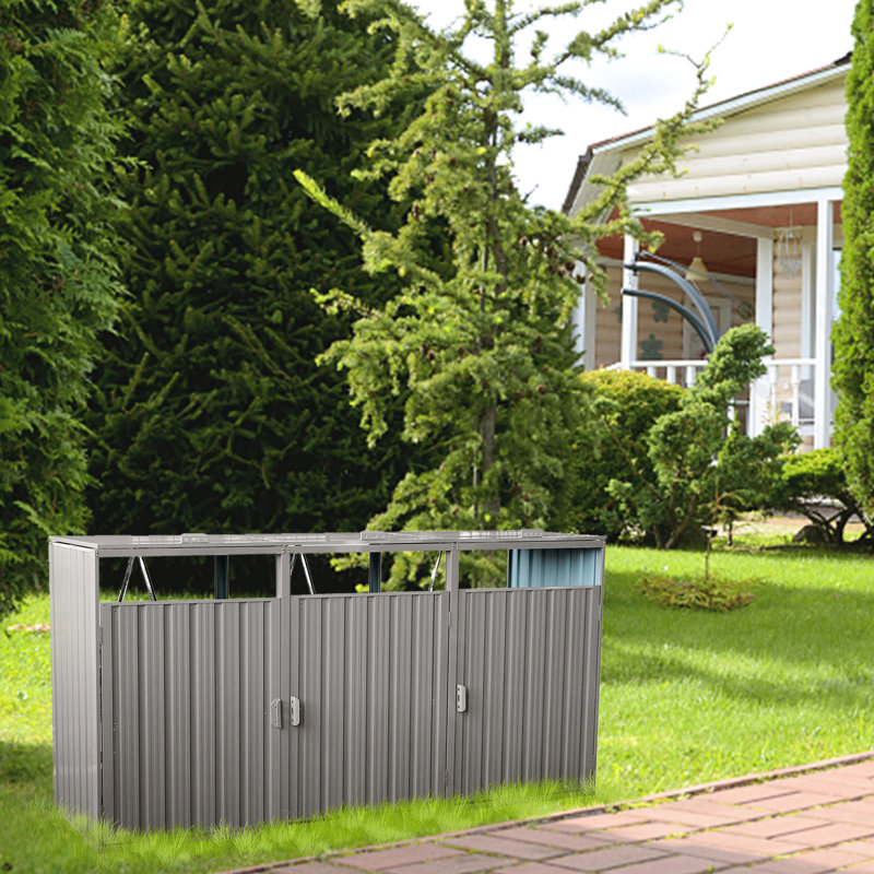 Metal Garbage Bin Shed, Grey - Stores 3 Trash Cans, Made Of Materials, Rust-, Easy To Clean Rust, Ventilated, With Installation And Cleaning