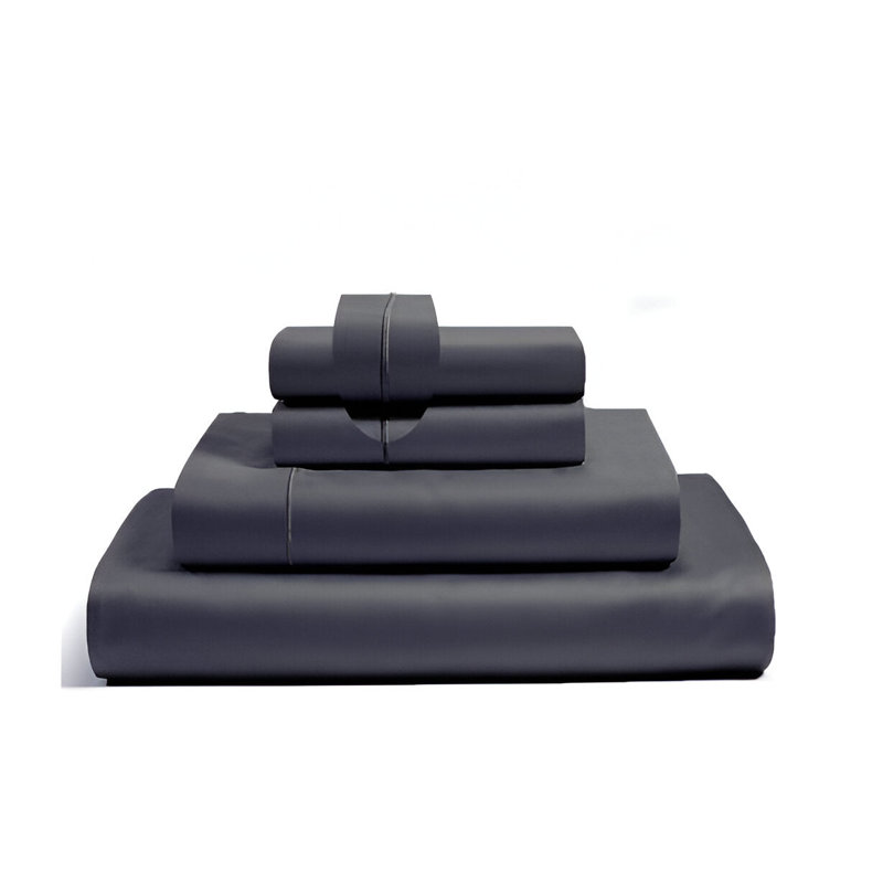 400TC Luxurious Single Embroidery Sateen Solid Cotton 4 Piece Sheet Set Fitted Sheet Fits Upto 16" Deep Pocket, Black