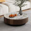 Table basse 35 po ronde en pierre frittée, table basse moderne avec un tiroir et base noire, placage de bois de haute qualité