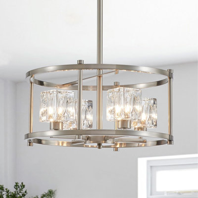 Modern Farmhouse Chandelier 4-Light Pendant Lighting Fixture With Adjustable Height Brushed Nickel Finish Glass Shade For Kitchen Dining Room Bedroom