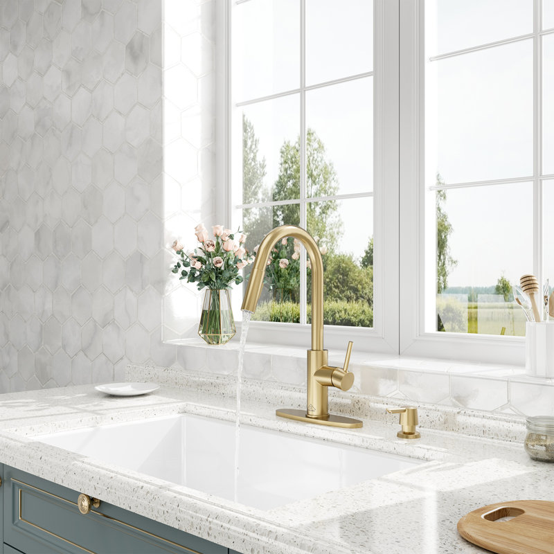 Willow Single-Handle Pull Down Sprayer Kitchen Faucet with Infrared Sensor, Soap Dispenser and Deck Plate, Brushed Gold