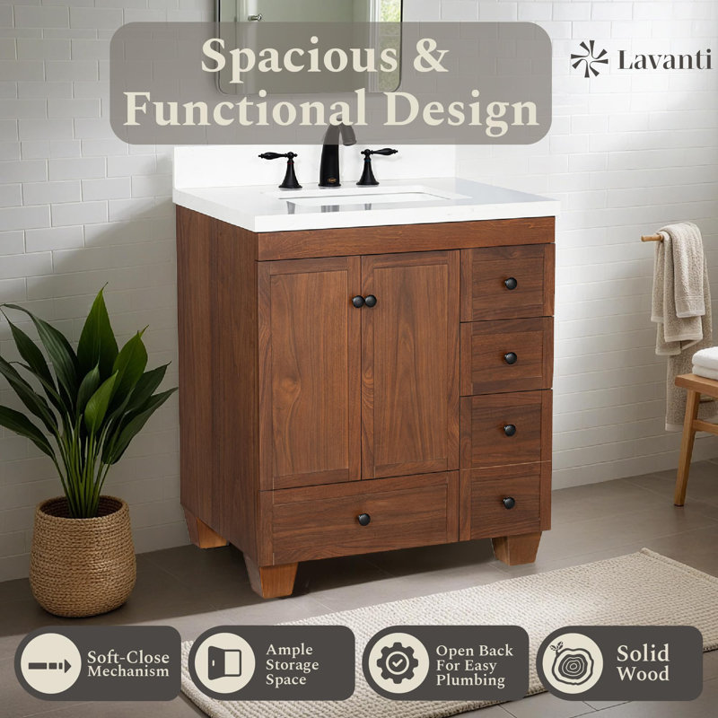  Depos 30 Inch Bathroom Vanity with Sink, Walnut – 100% Premium Solid Wood Vanity Cabinet – 1.5" Thick Quartz Countertop – Water-Resistant Finish – Fully Assembled