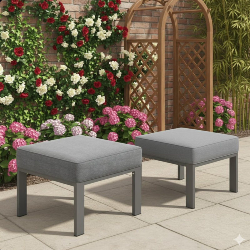 Set Of 2,  22” All-Weather Metal Patio Ottomans Thick Gray Cushions & Gray Frame, Gray Cushion/Gray Frame