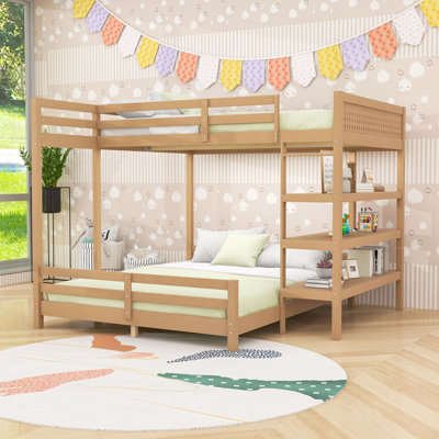 Lits superposés en bois en L avec tablettes de rangement intégrées et panneau latéral