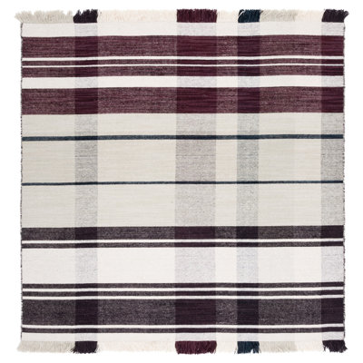 Anjail Flat Weave Wool/Cotton Plaid Rug in Ivory/Brown