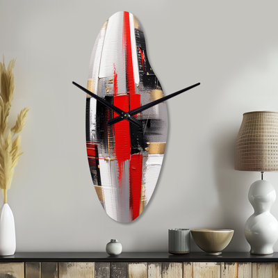Red And Gold Cubic Abstract I - Curved Shape Decorative Red Cubism Wall Clock