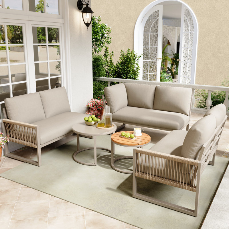 Beige Outdoor Sectional Sofa Set For 6-7 Person With Cushions