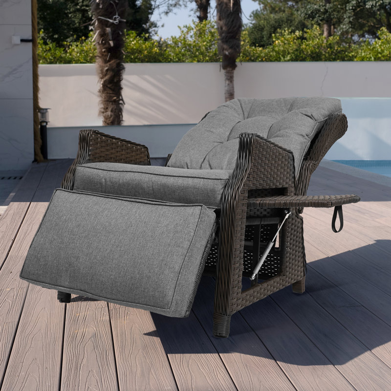 2 Pcs Outdoor Wicker Recliner With Adjustable Back And Footrest, Brown, Gray