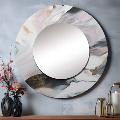 Pinel White And Grey Ripples Of Stone II - Marble Decorative Wall Mirror, White Large Round Mirror, Printed Metal Art