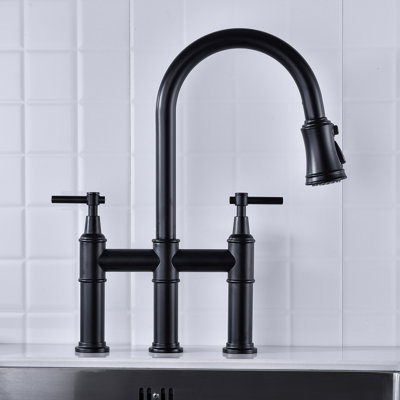 Matte Black Kitchen Faucet With Pull-Down Design - Dual Handle Control For Optimal Water Flow And Temperature 360-Degree Rotating High Nozzle Broadened Cleaning Scope Brass Fabrication Longevity