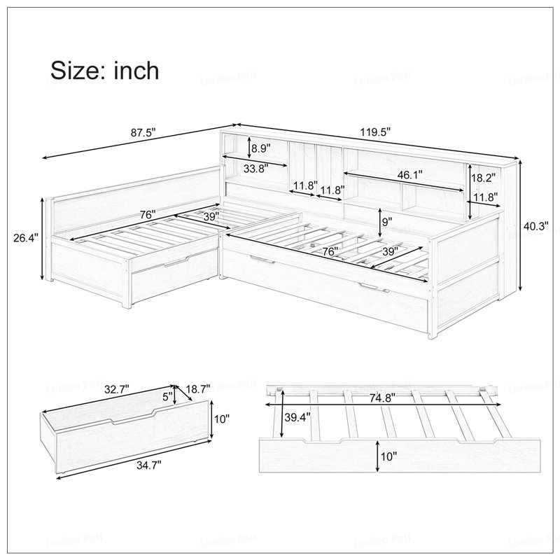 Twin L-Shaped Daybed Frame, White