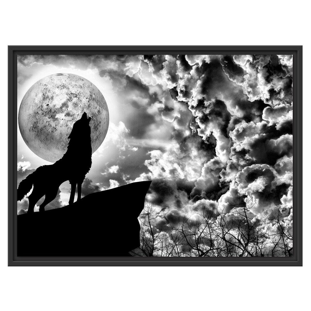 Gerahmtes Wandbild Wolf heult den Mond an