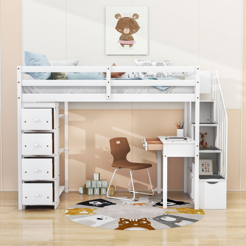 6 Drawers Twin Loft Bed With Desk, Shelves, Storage Staircase And Safety Guardrails, White