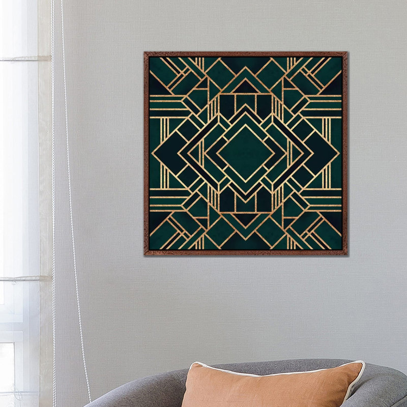 Art Deco III by Elisabeth Fredriksson - Print on Canvas, 66.04 cm H x 66.04 cm W, Green/Black/Gold, Brown Floater Framed